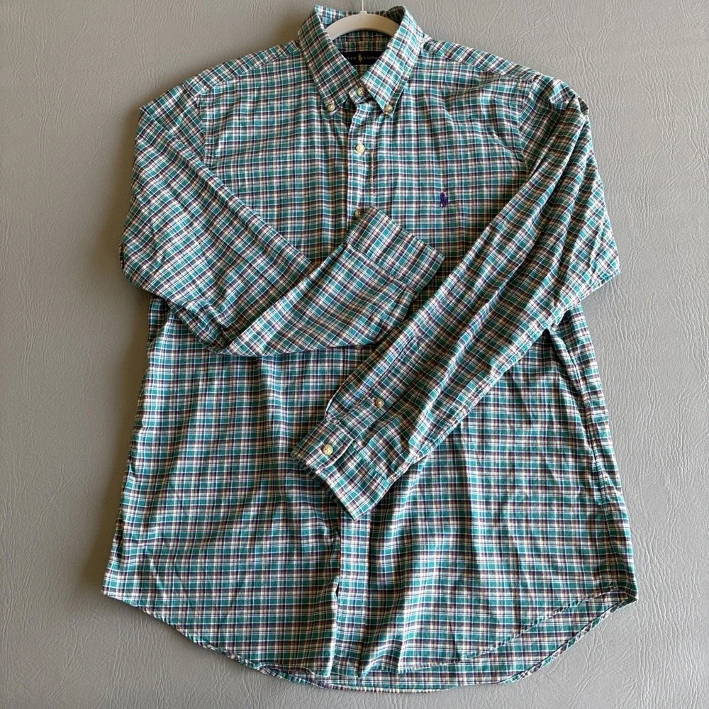 Ralph Lauren Button Down Plaid Green Blue Check Men's Size L 46 chest